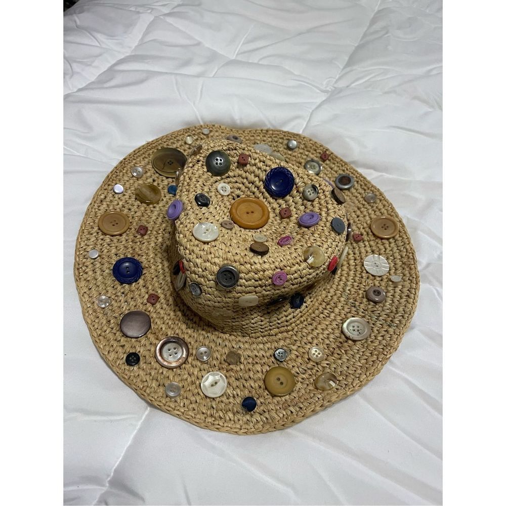 Button Straw Hat Hippie Boho Chic Small Medium